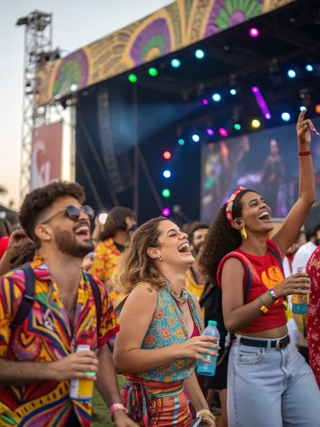 A lively image of a diverse group of people attending an outdoor music festival organized by SLB PROJECT, enjoying live performances.