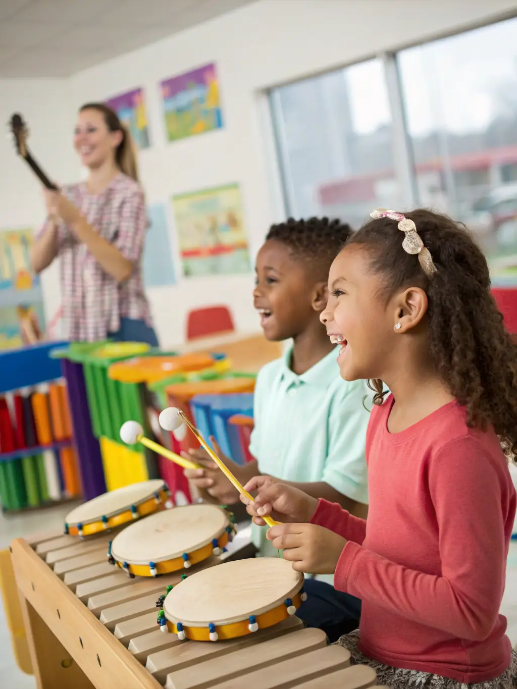 A vibrant photo of children participating in a music workshop, learning to play instruments with guidance from instructors, set in a community center.