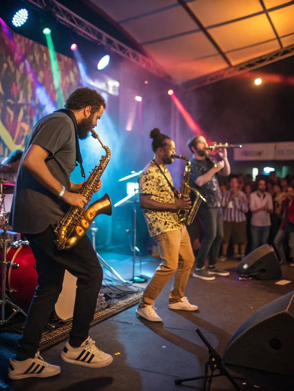 A dynamic image of a diverse group of musicians performing together on stage, showcasing the power of music to unite people from different backgrounds and cultures.