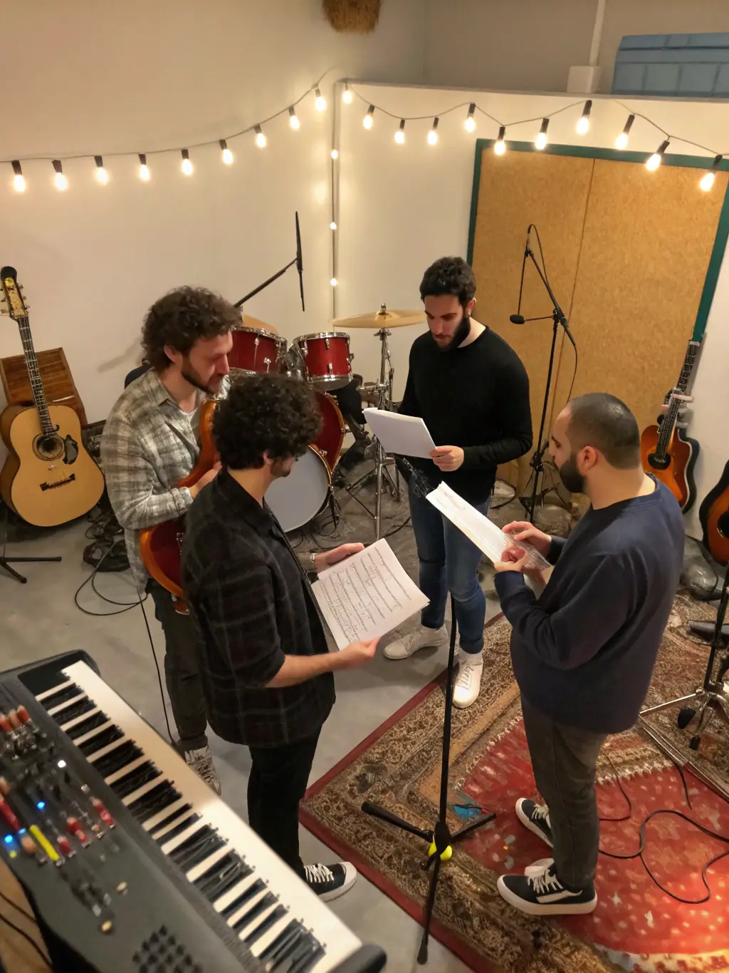 A focused shot of musicians collaborating during a training workshop, exchanging ideas and refining their skills under expert guidance.