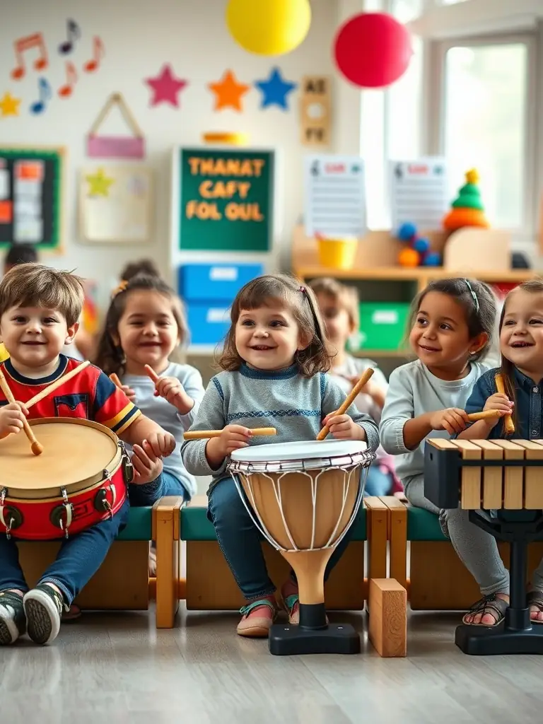 A photograph capturing the joy of children participating in a music class, their faces lit up with smiles as they play various instruments, showcasing the positive impact of early music education.