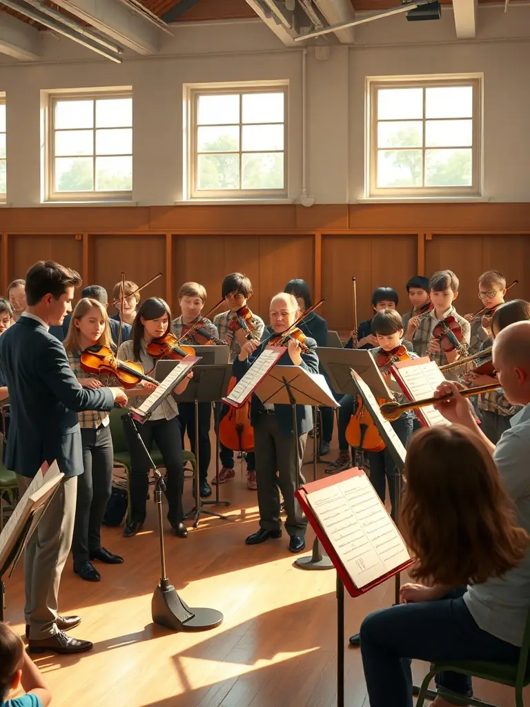 A photo of participants actively involved in a music training workshop, learning new skills and collaborating with fellow musicians.